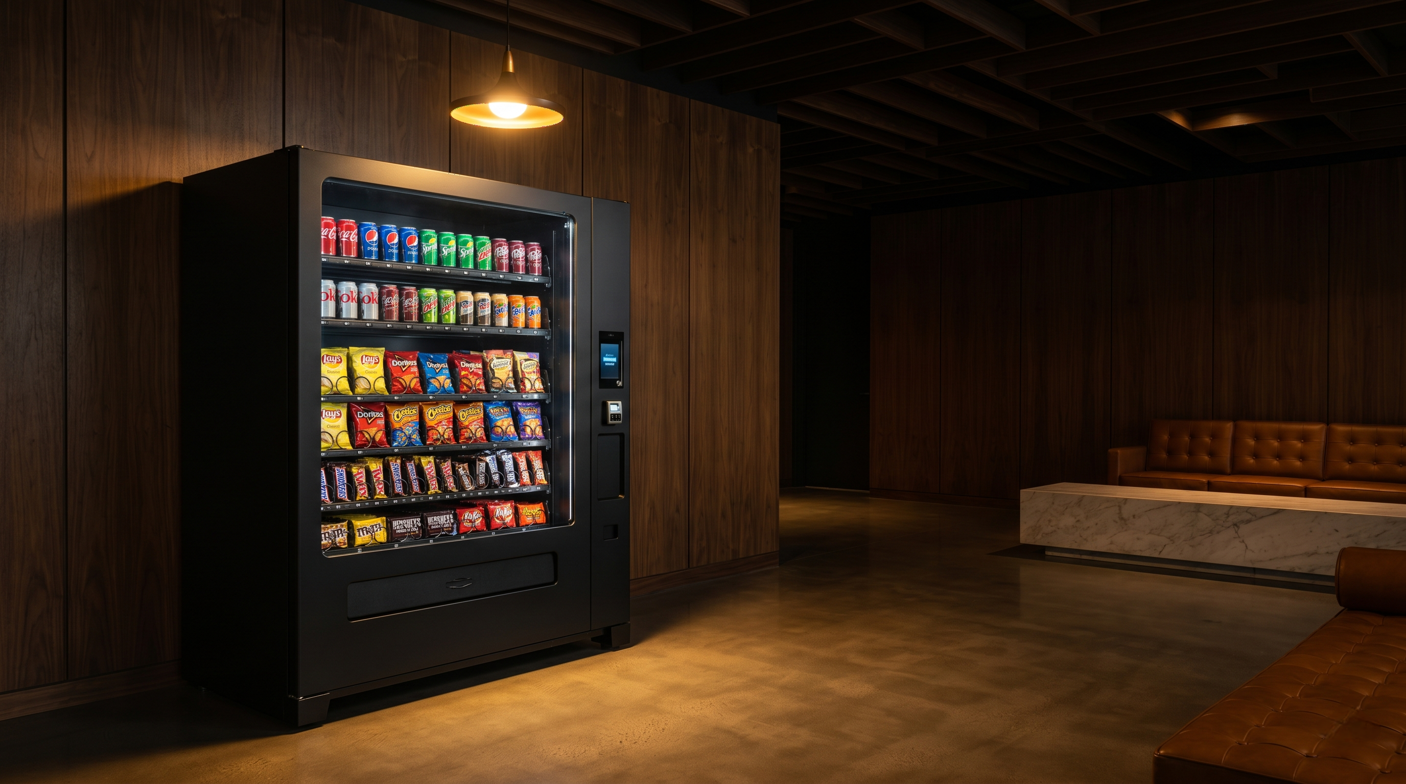 A premium combo vending machine in a luxe wood-paneled environment.