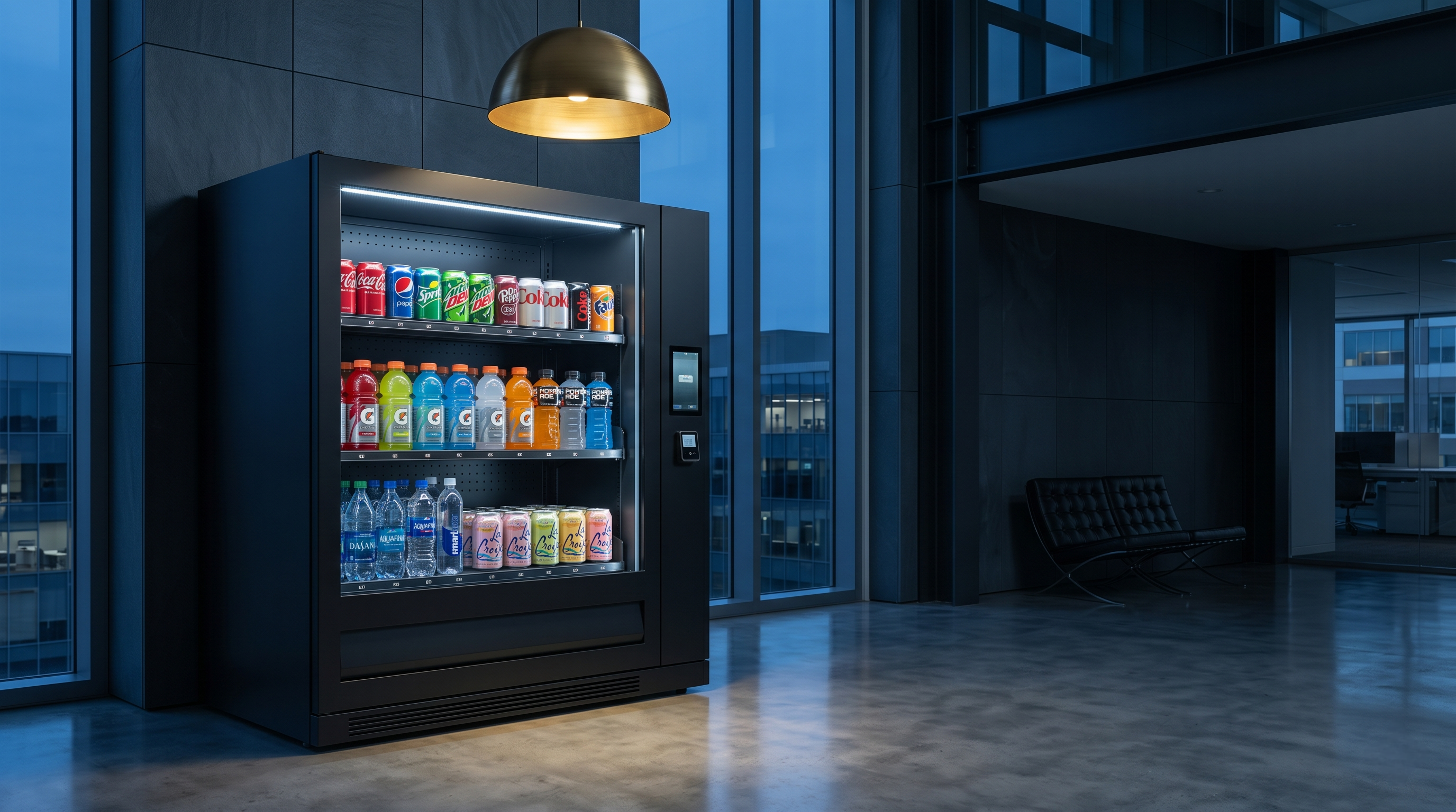 A premium drink vending machine in a cool-toned modern environment.