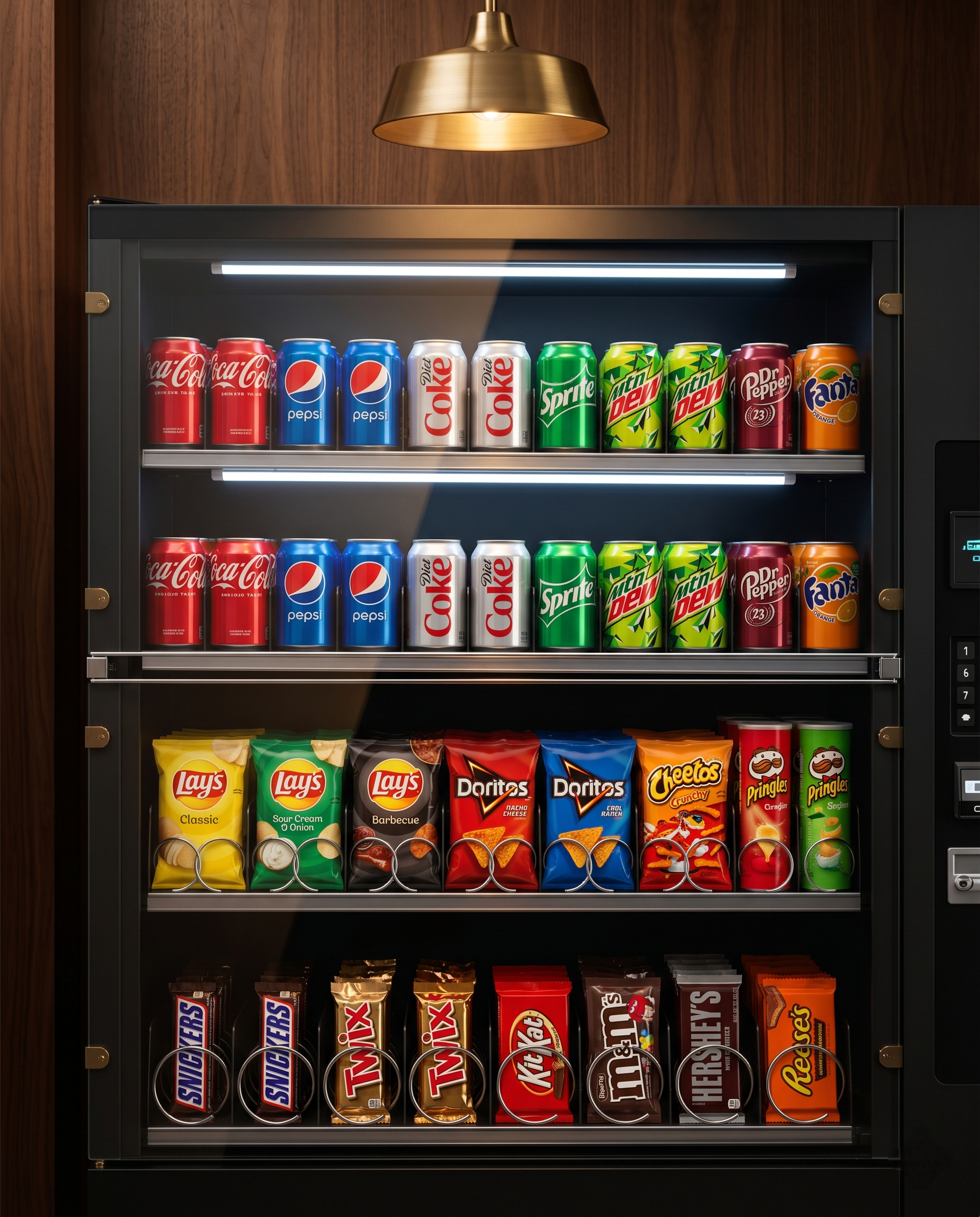 A premium combo vending machine showing curated sodas, chips, and candy bars in two cleanly merchandised tiers.