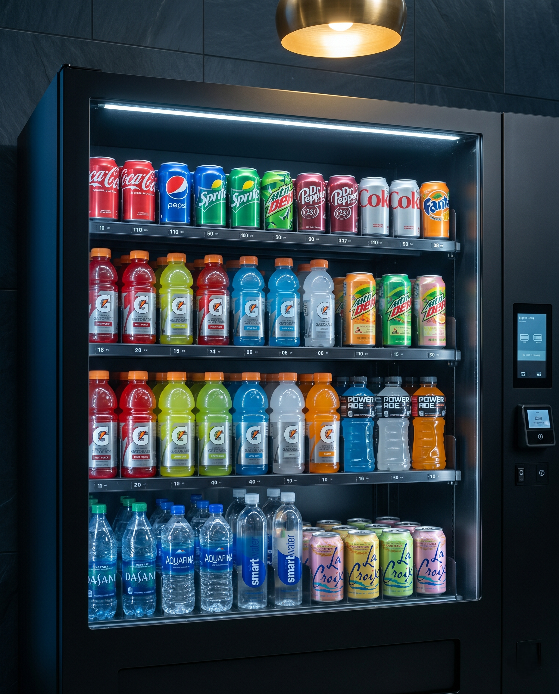 A premium drink vending machine displaying Coca-Cola, Pepsi, Gatorade, Powerade, Smartwater, Aquafina, Dasani, and LaCroix in a cleanly merchandised layout.