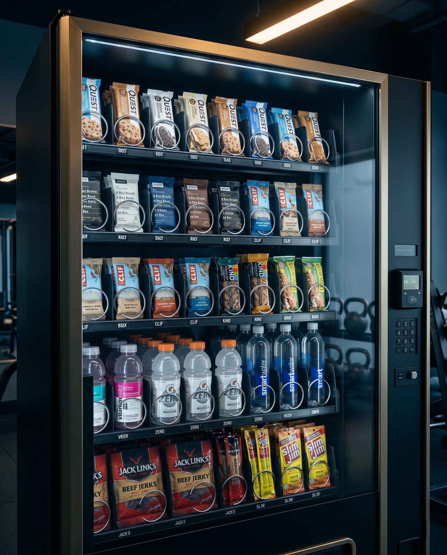 A premium healthy and protein vending machine displaying Quest, RXBAR, Clif, KIND, Nature Valley, Jack Link's, Slim Jim, Vitamin Water, Gatorade Zero, and Smartwater.
