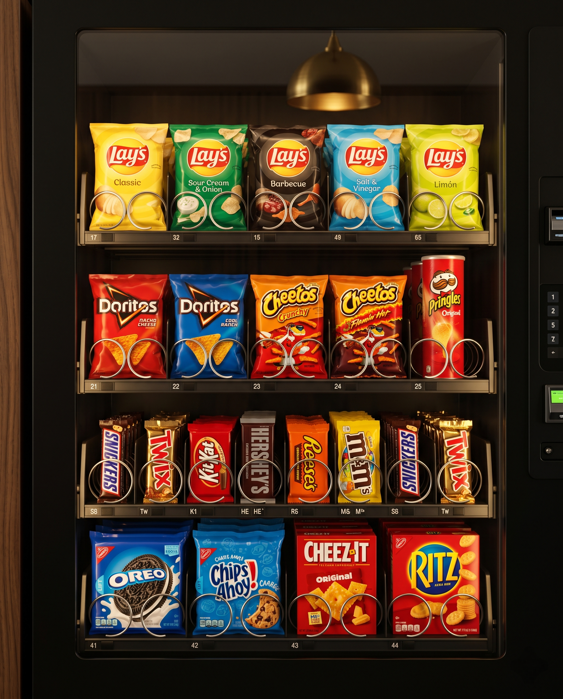 A premium snack vending machine displaying Lay's, Doritos, Cheetos, Pringles, Snickers, Twix, Kit Kat, Hershey's, Reese's, M&M's, Oreo, Chips Ahoy, Cheez-It, and Ritz.
