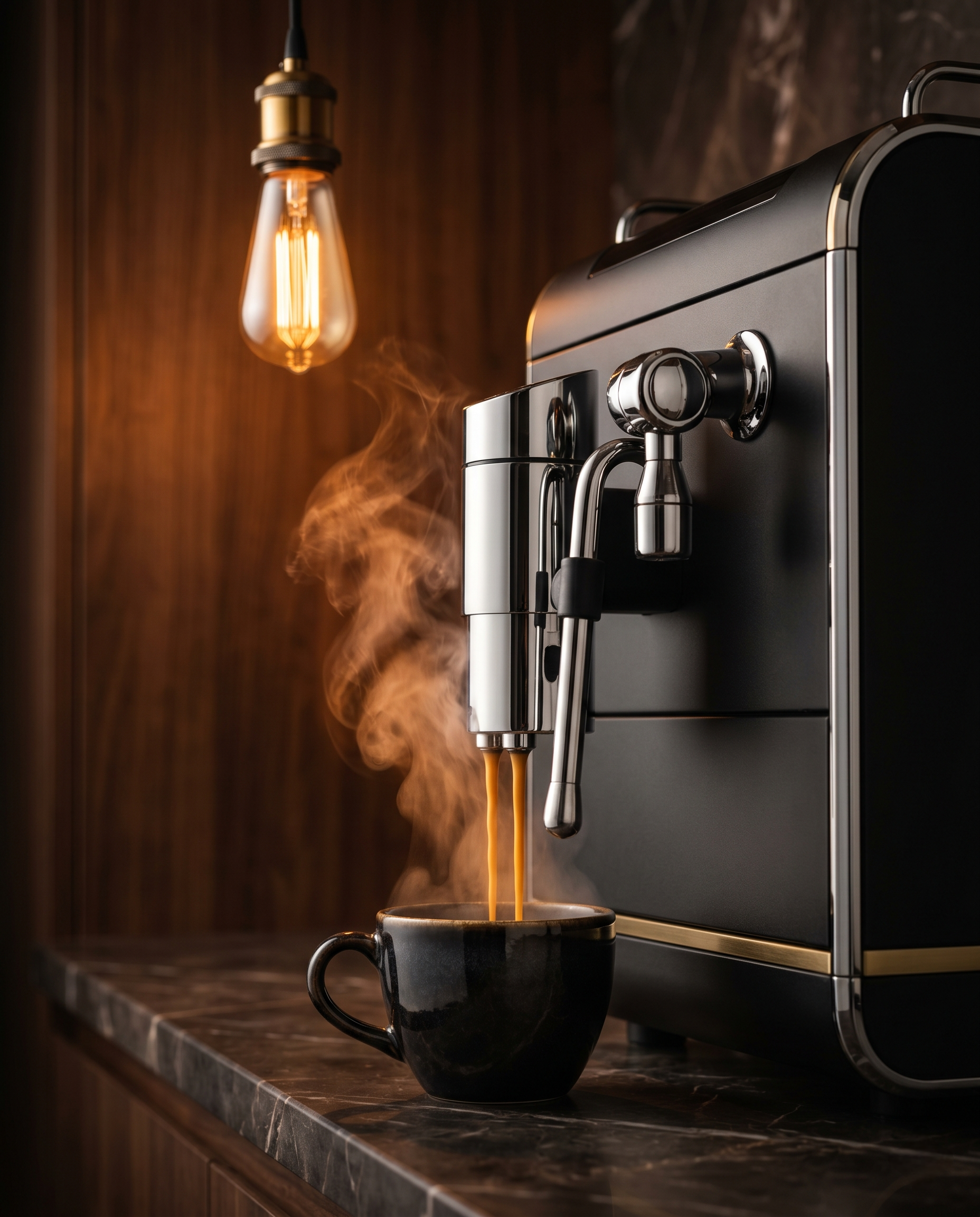 A premium specialty espresso machine pouring espresso into a ceramic cup on dark marble, with an Edison bulb pendant and walnut paneling.