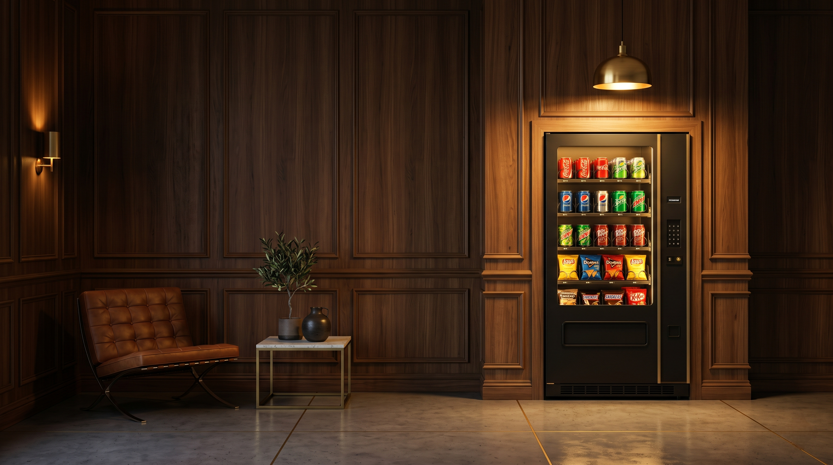 A premium vending machine in a luxe wood-paneled lobby with a Barcelona chair and brushed brass lighting.