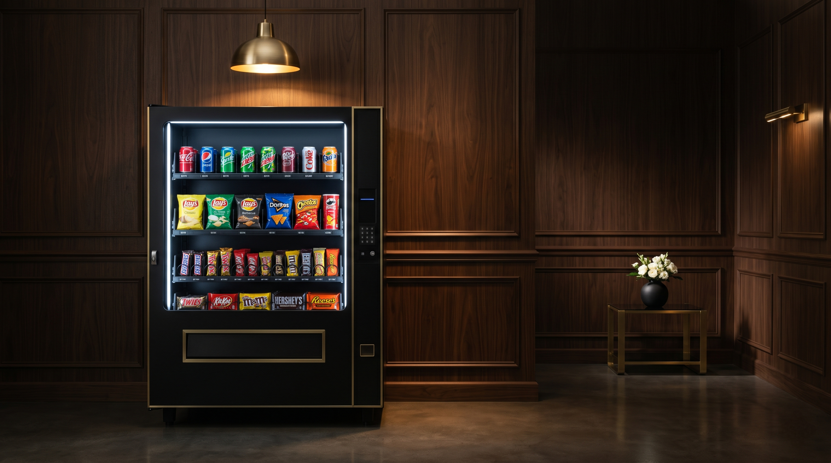 A premium matte black commercial vending machine in a sophisticated wood-paneled lounge with brushed brass pendant lighting.