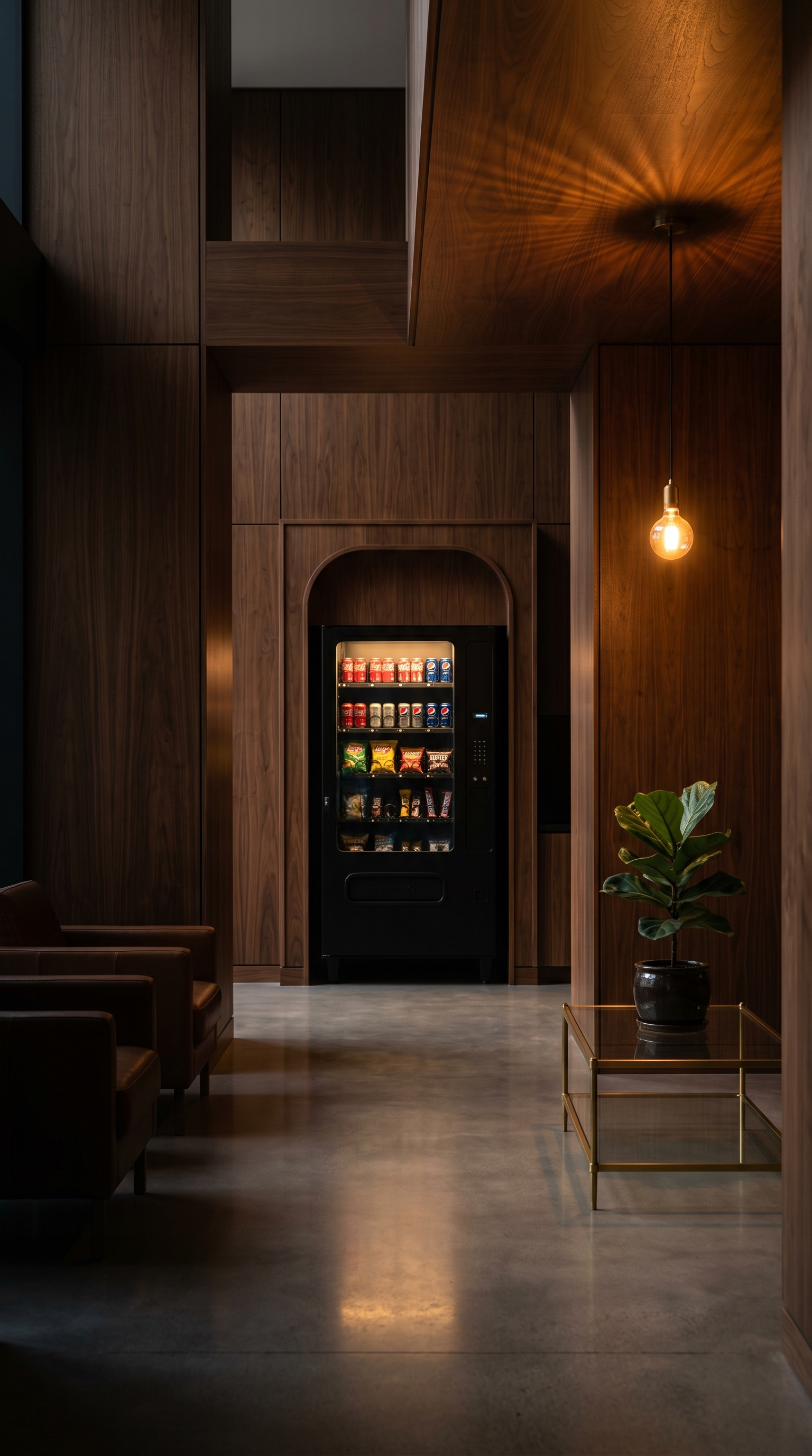 A premium vending machine tucked into a walnut-paneled archway of a luxury lobby — the editorial sensibility behind Hunger Ending Vending.