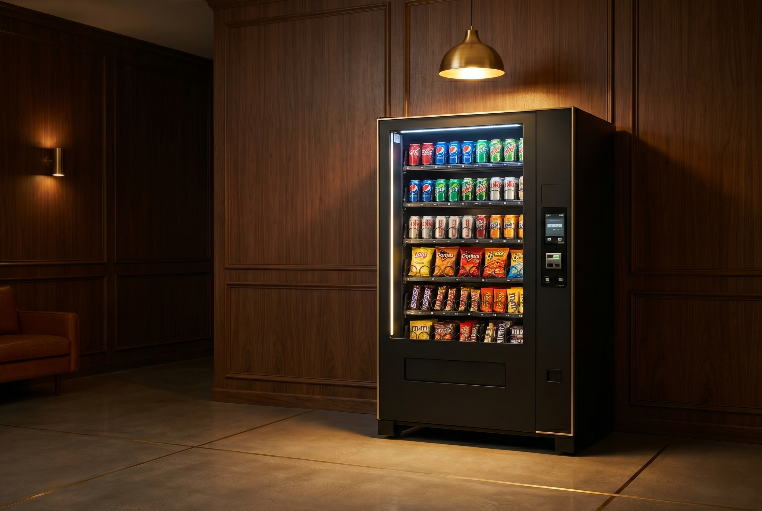 A premium combo vending machine in a wood-paneled hospitality space.