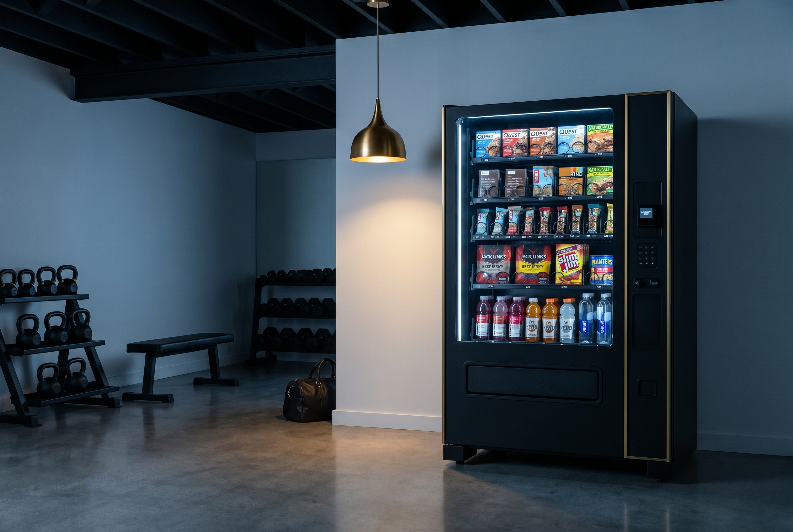 A premium healthy and protein vending machine in a modern gym setting with kettlebells and dumbbells.