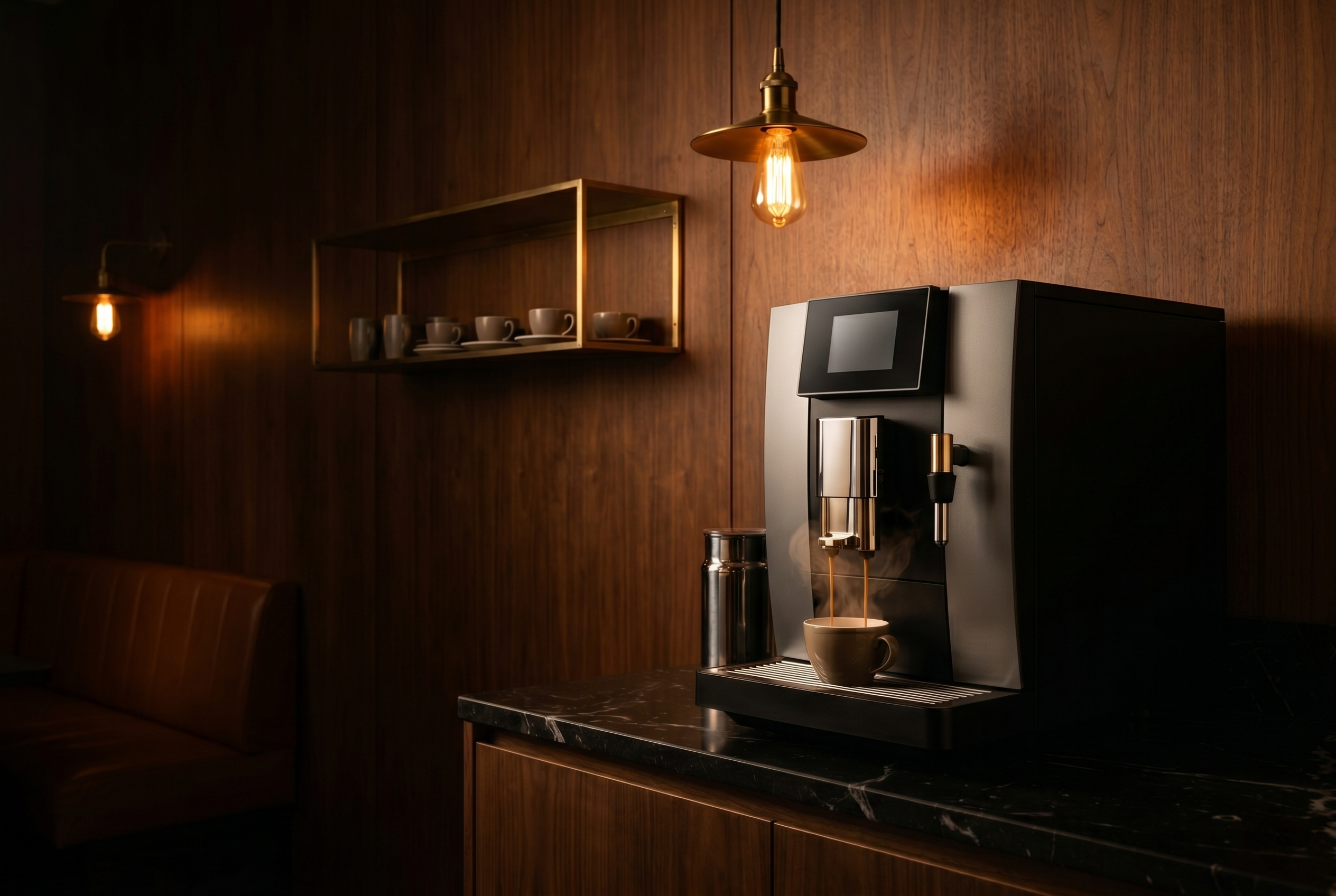 A premium specialty espresso machine on dark marble with an Edison bulb pendant and brass shelf of espresso cups.